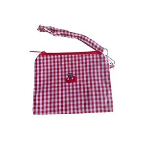 Red and White Gingham Wristlet with Cherry Embroidery